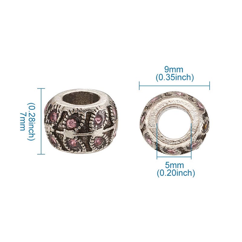 Kissitty 50-Piece 9x7mm Antique Silver Plated Large Hole Rondelle with Leaf Pattern European Rhinestone Beads Random Mixed Color for DIY Jewelry Making - Image 5